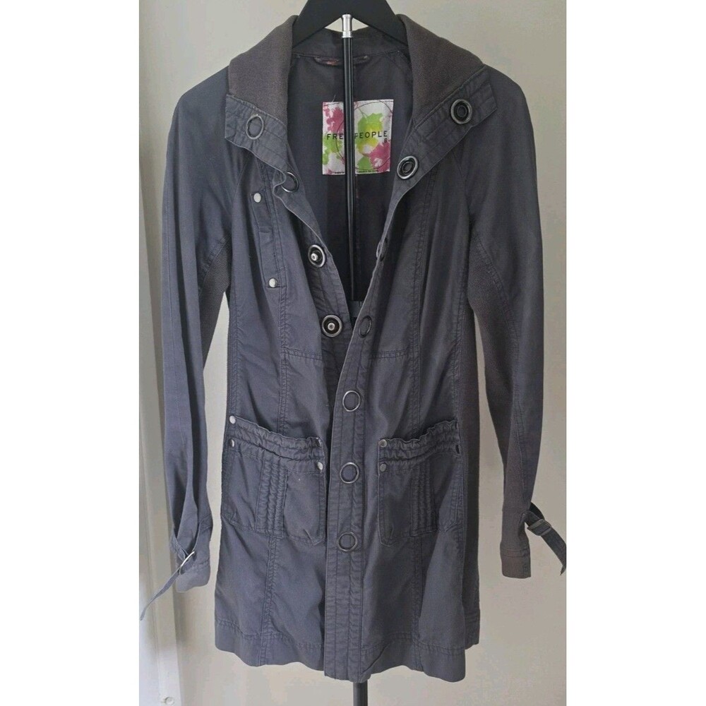 Free People Utility Trench Coat Jacket Women’s Sz 8 Gray Mixed Media Boho Cargo - Picture 4 of 12